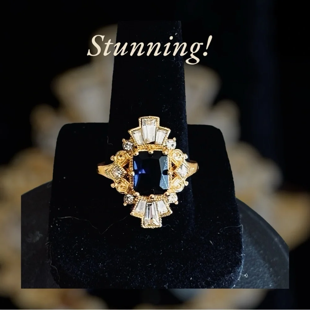 Brilliant~Sapphire~Diamond Cocktail Ring~ simulated gemstones~in 18k plate - Picture 1 of 6